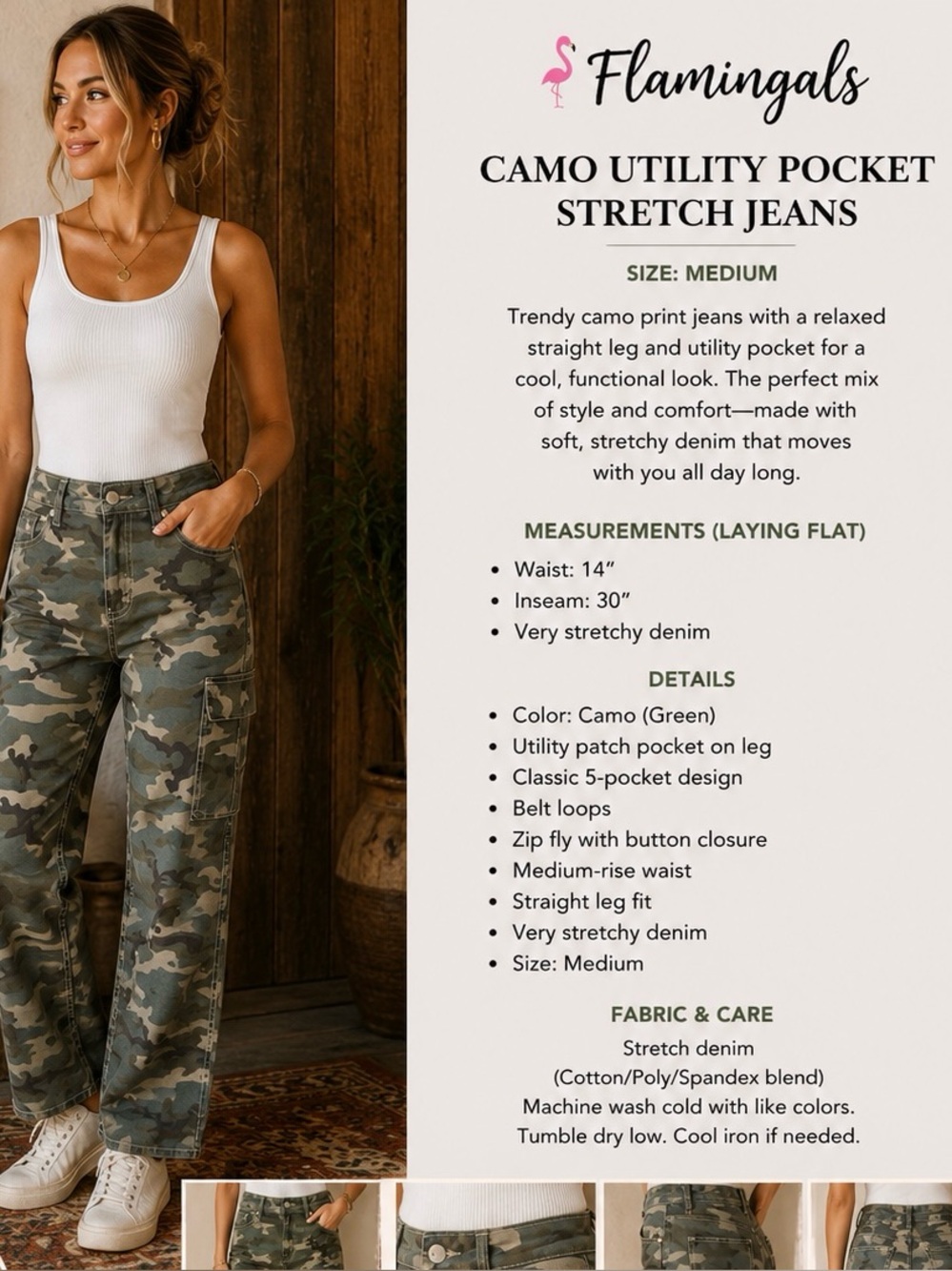 Flamingals Camo Utility Pocket Stretch Jeans - Green